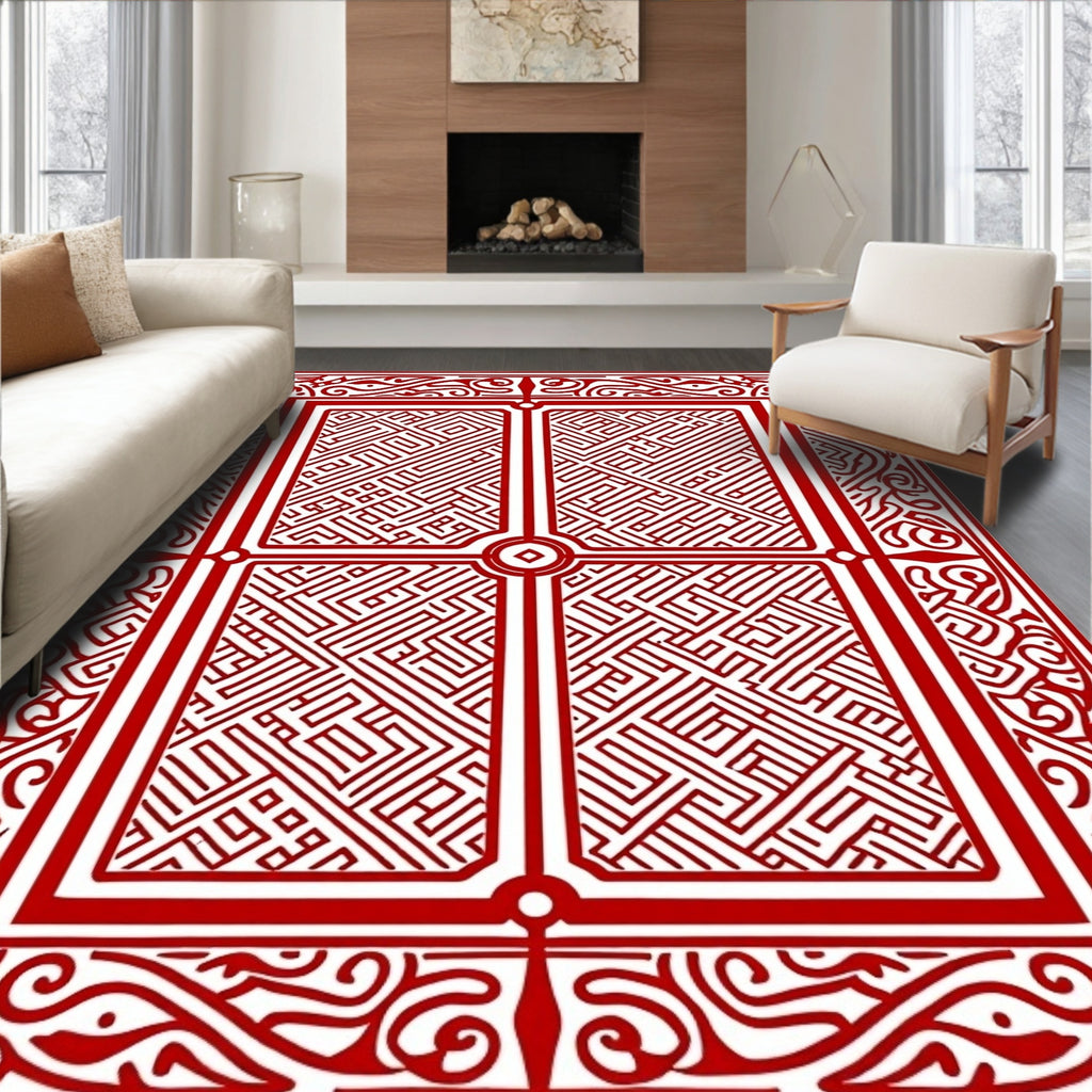 Classic Red Intricate Geometric Panel Rug