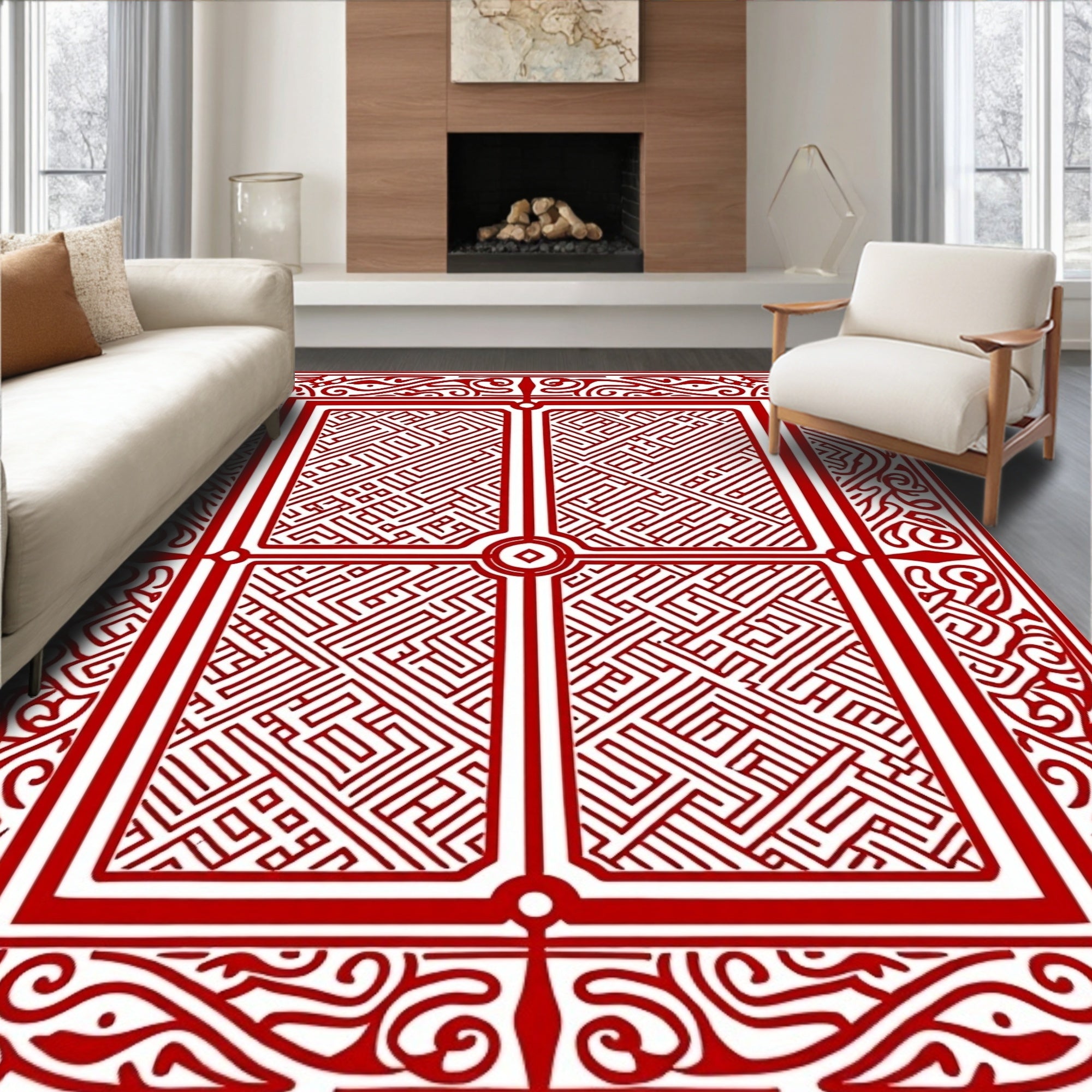 Classic Red Intricate Geometric Panel Rug