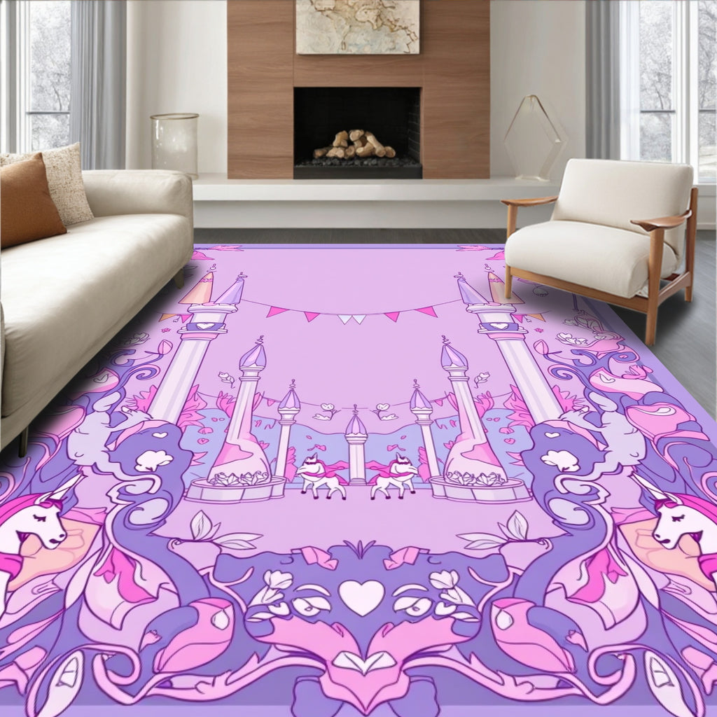 Whimsical Pink Unicorn Castle Garden Rug