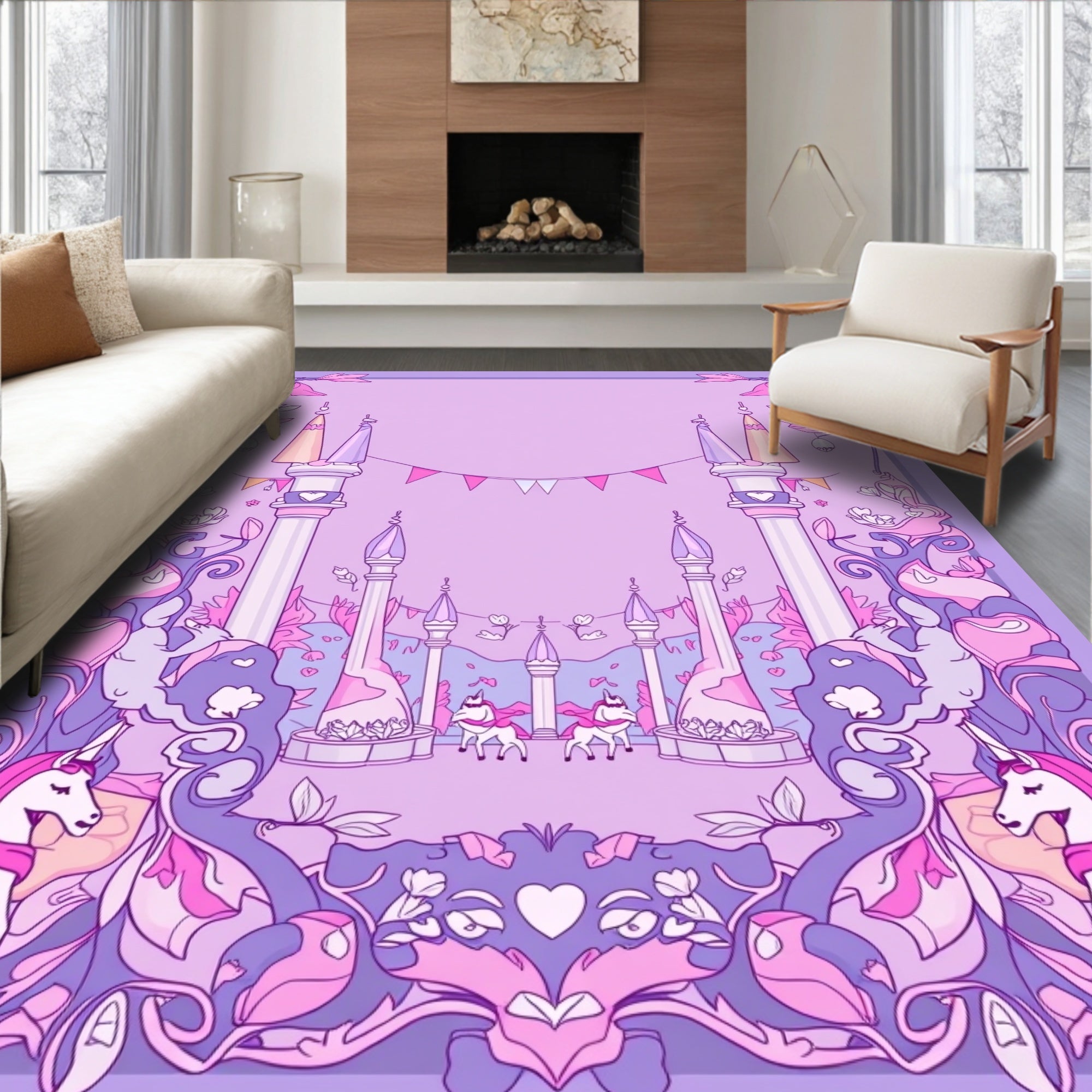 Whimsical Pink Unicorn Castle Garden Rug