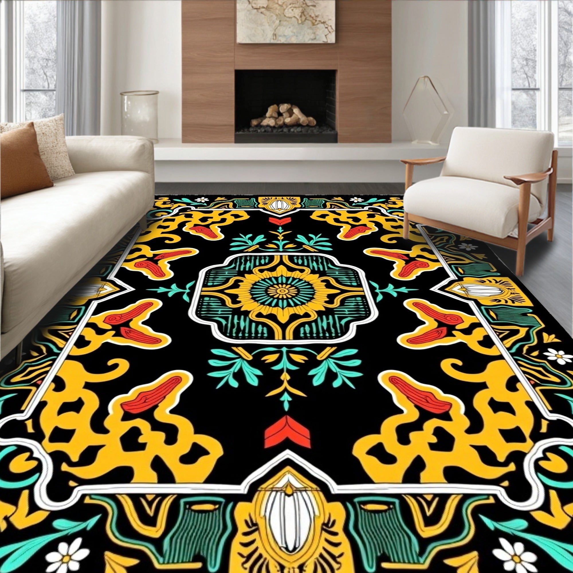 Black Yellow Red Teal Floral Medallion Rug