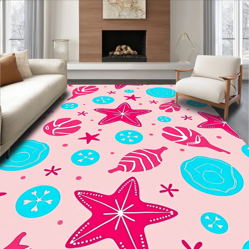 Pink Aqua Starfish Shell Scatter Rug