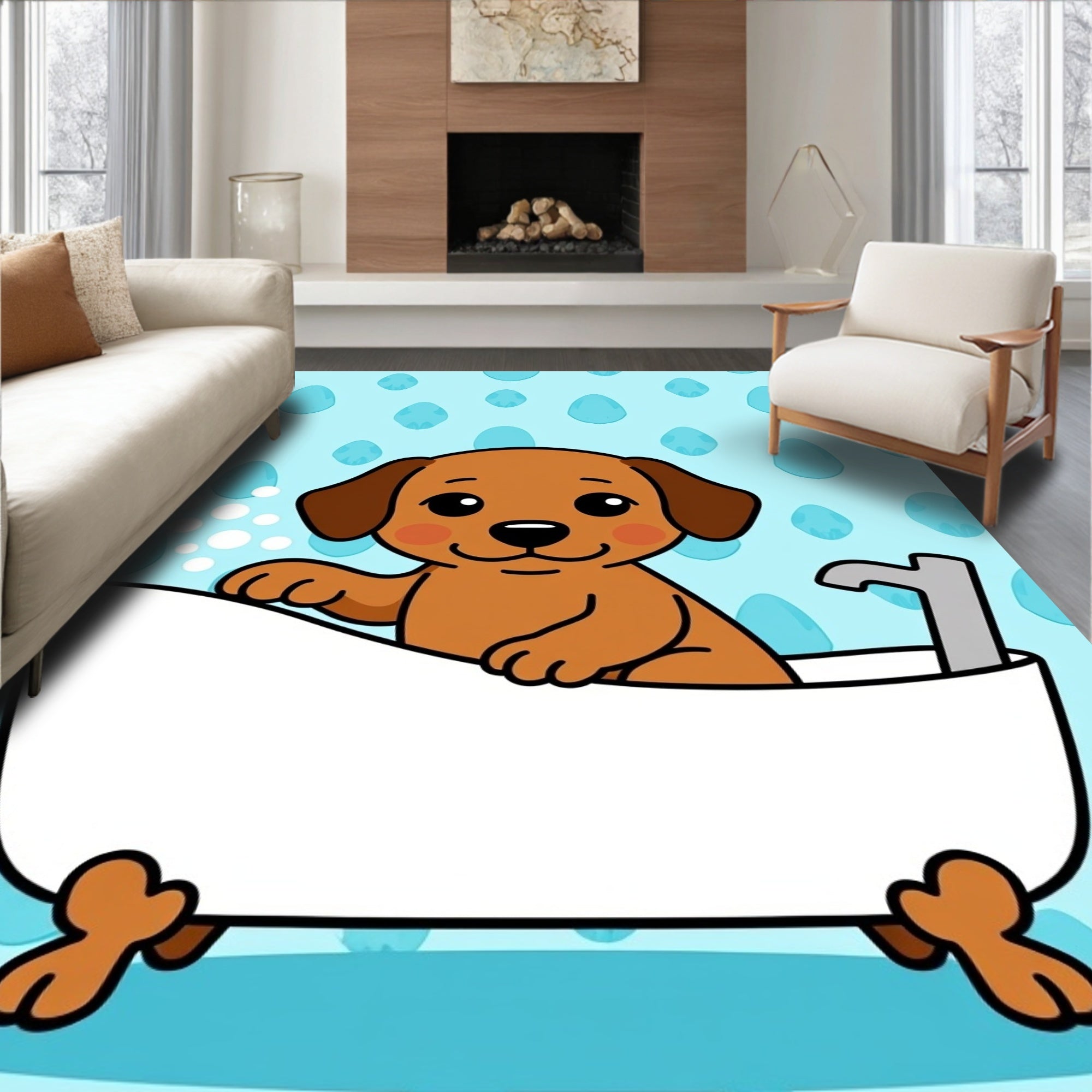 Cute Puppy Bathtime Bubbles Rug