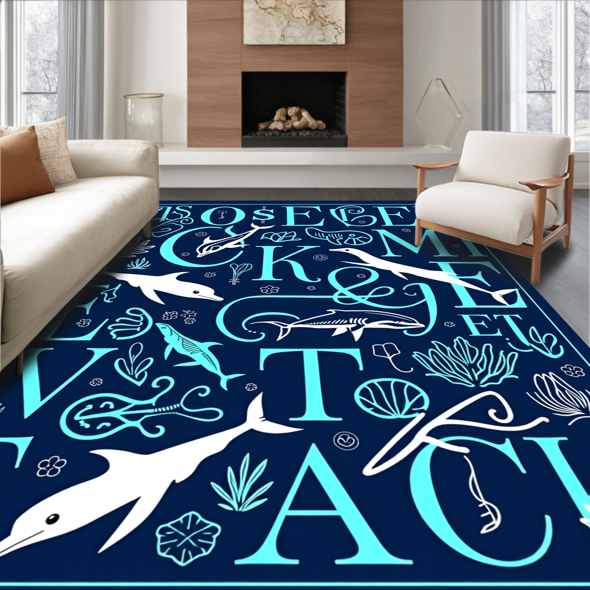 Marine Life Alphabet Navy Blue Rug