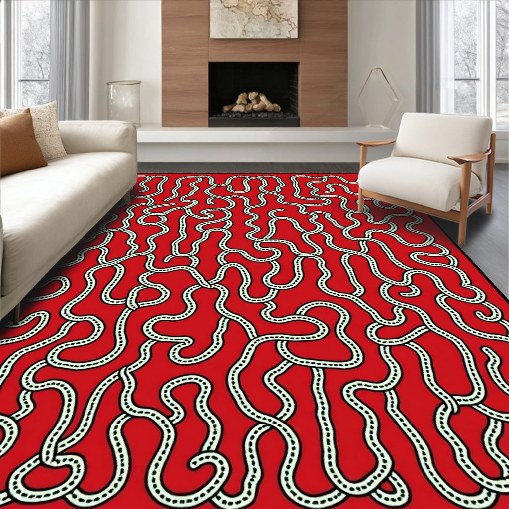 Red Abstract Winding Line Field Rug