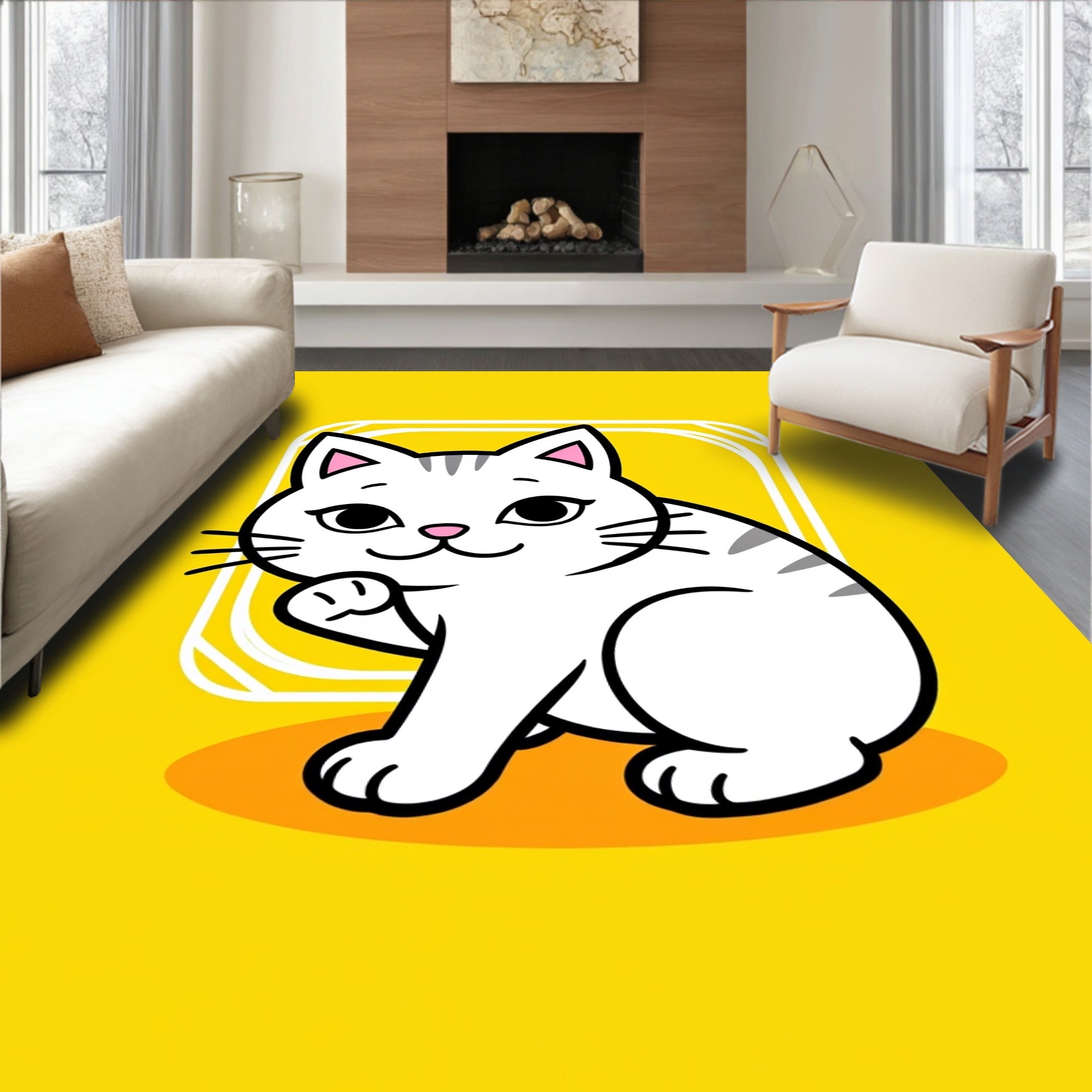 Cute White Gray Striped Cat Illustration Rug