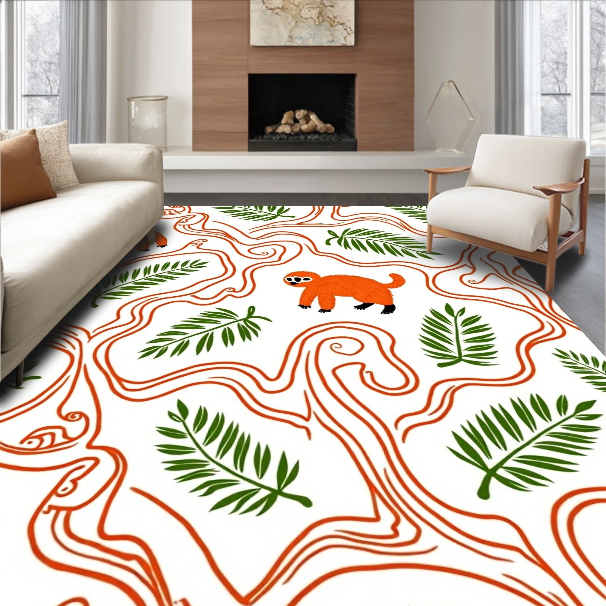 Orange Monkey Foliage Whimsical Jungle Rug