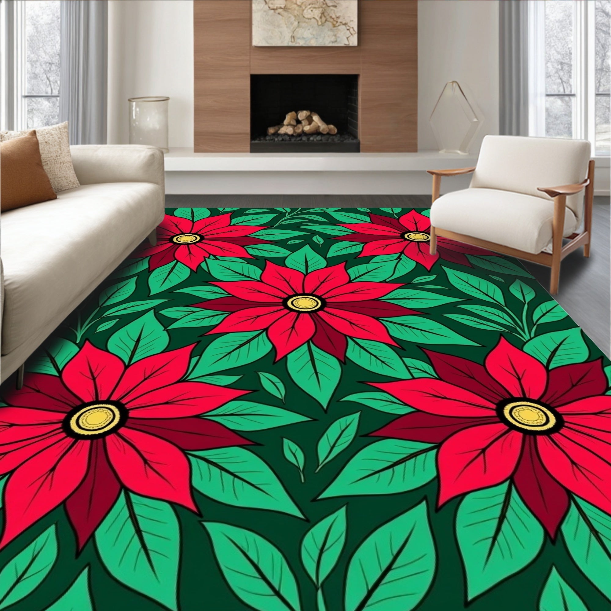 Vibrant Red Poinsettia Green Foliage Rug