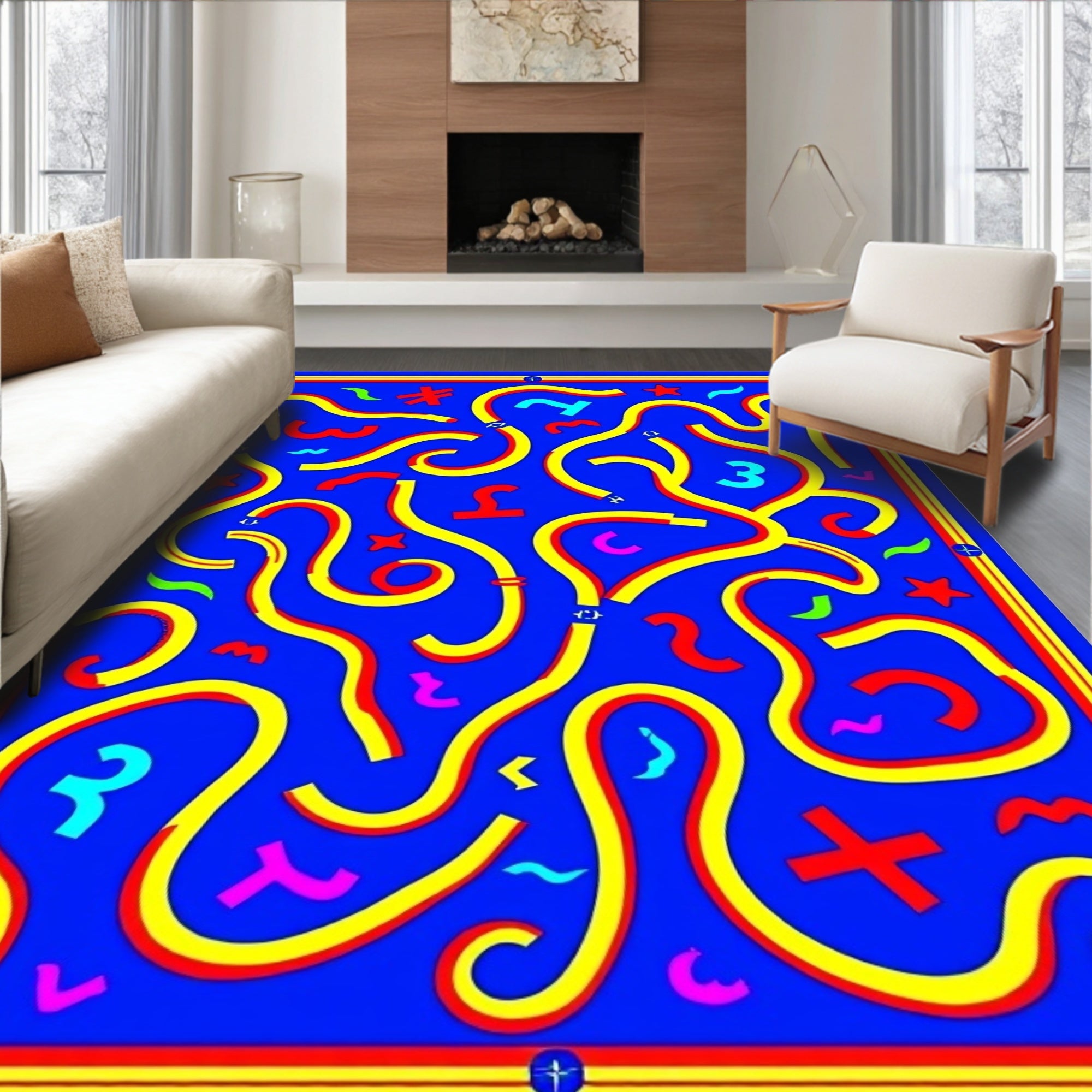 Vibrant Yellow Red Blue Abstract Shapes Rug