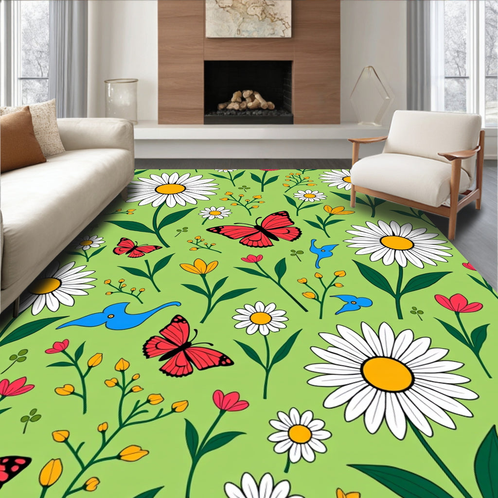 Whimsical Red Butterfly Daisy Garden Rug