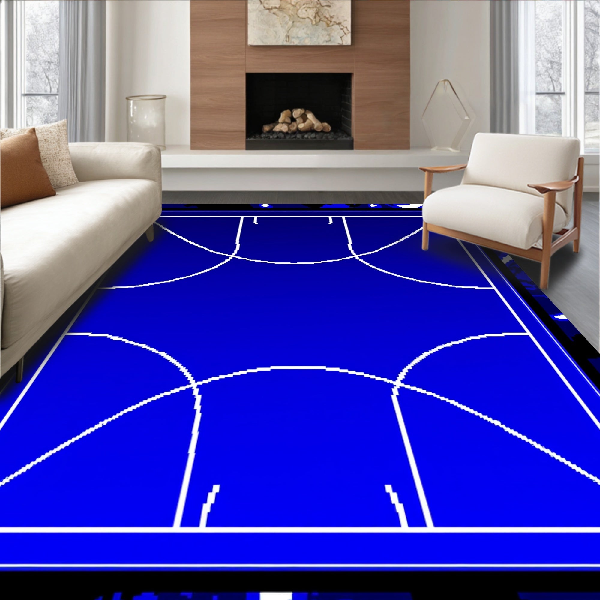 Deep Blue Geometric Court Rug