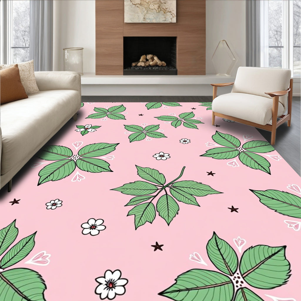 Peachy Pink Green Leaf Blossom Stars Rug