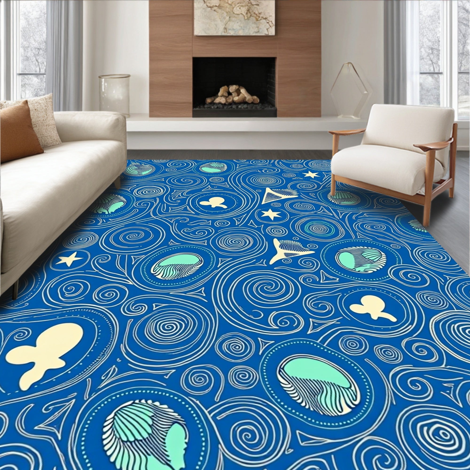 Whimsical Blue Celestial Swirl Rug