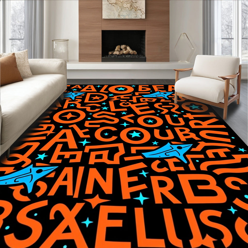 Orange Black Blue Abstract Letter Star Rug
