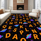 Cosmic Alphabet Orange Planets Black Rug