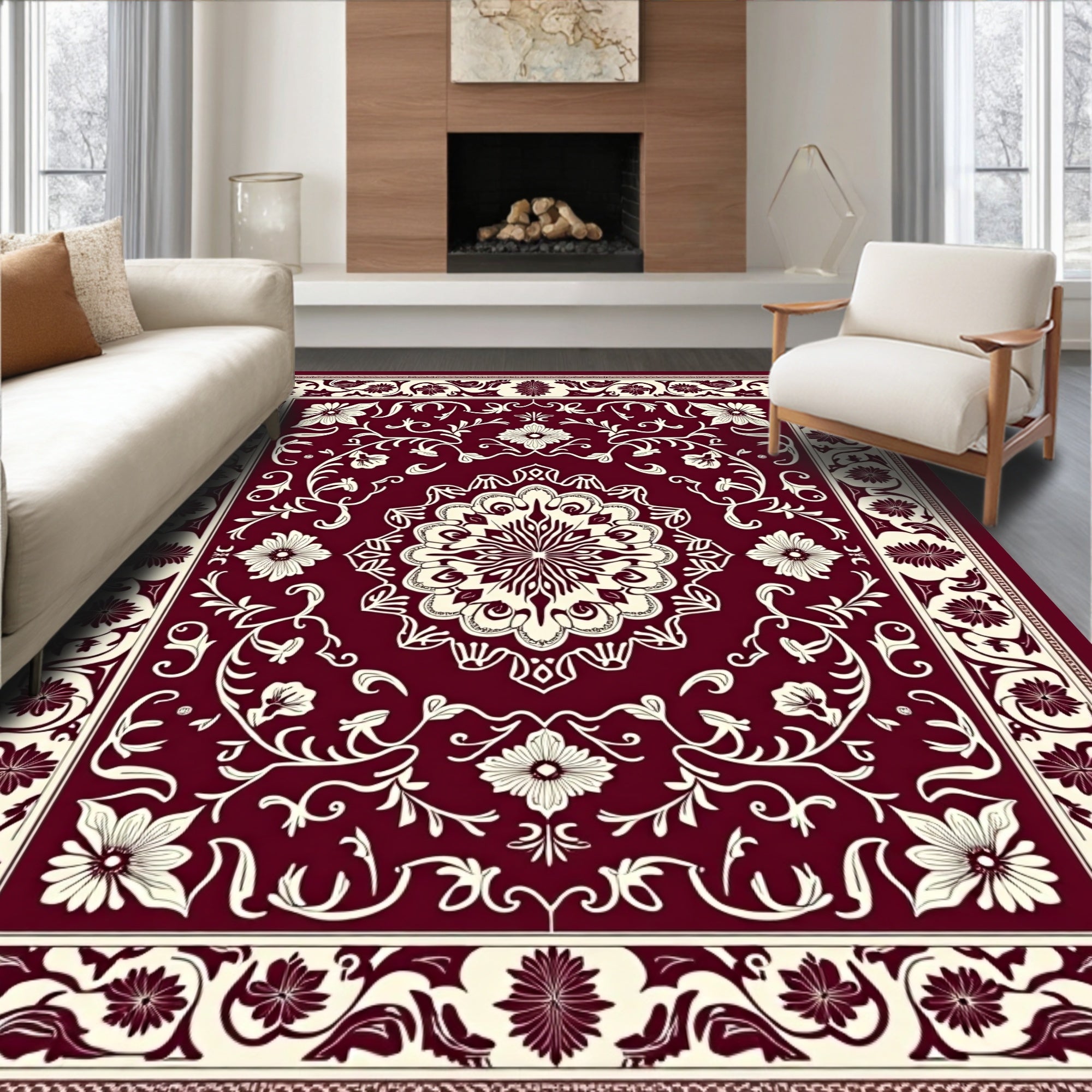 Crimson Floral Bloom Central Medallion Rug