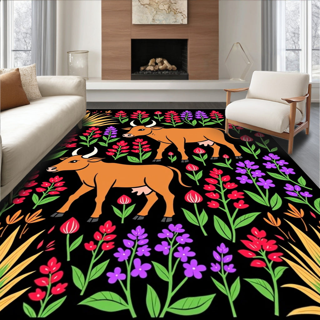 Brown Cattle Among Vibrant Floral Stems Rug