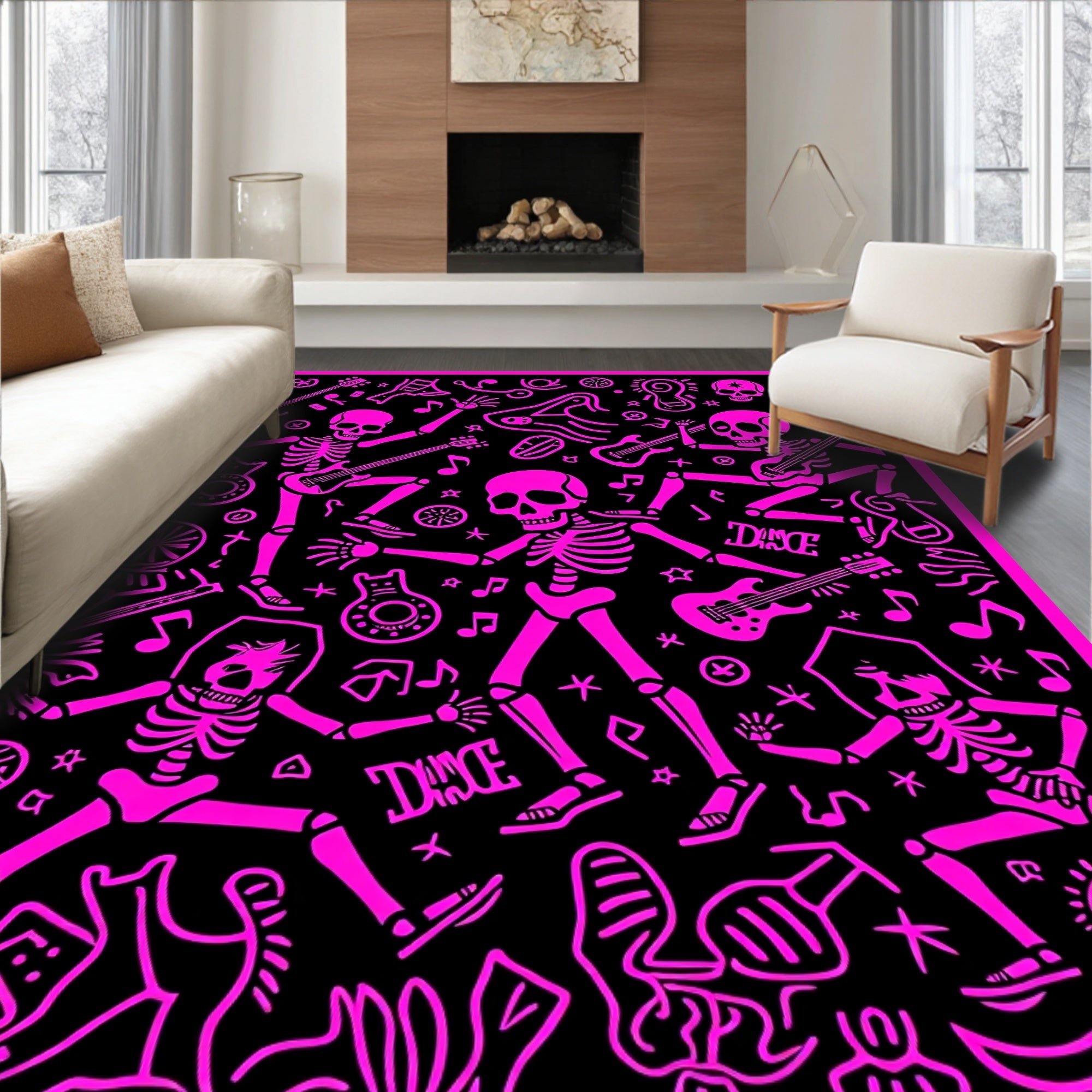 Hot Pink Skeleton Dance Black Rug