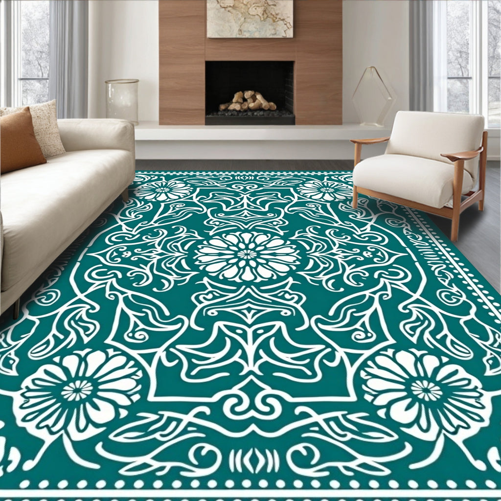 Teal White Floral Medallion Symmetry Rug