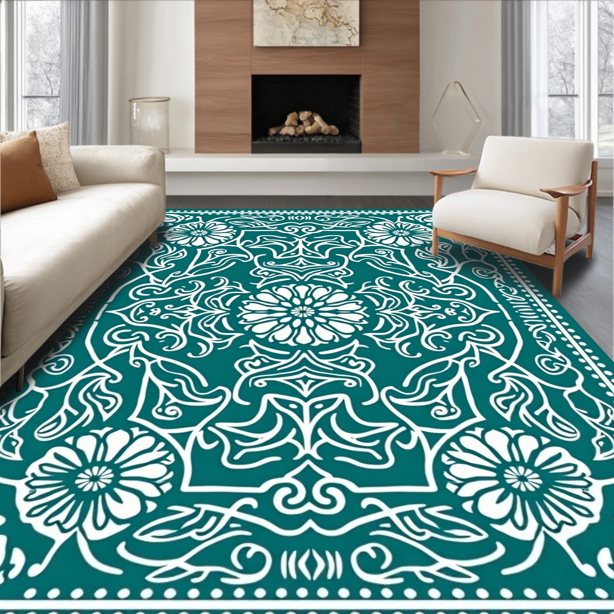 Teal White Floral Medallion Symmetry Rug