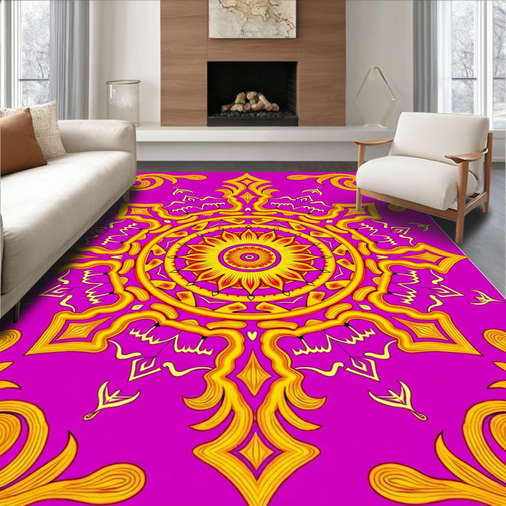 Vibrant Magenta Yellow Floral Mandala Rug