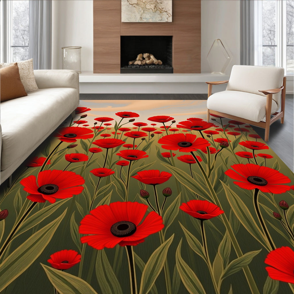 Vibrant Red Poppy Field Sunset Rug