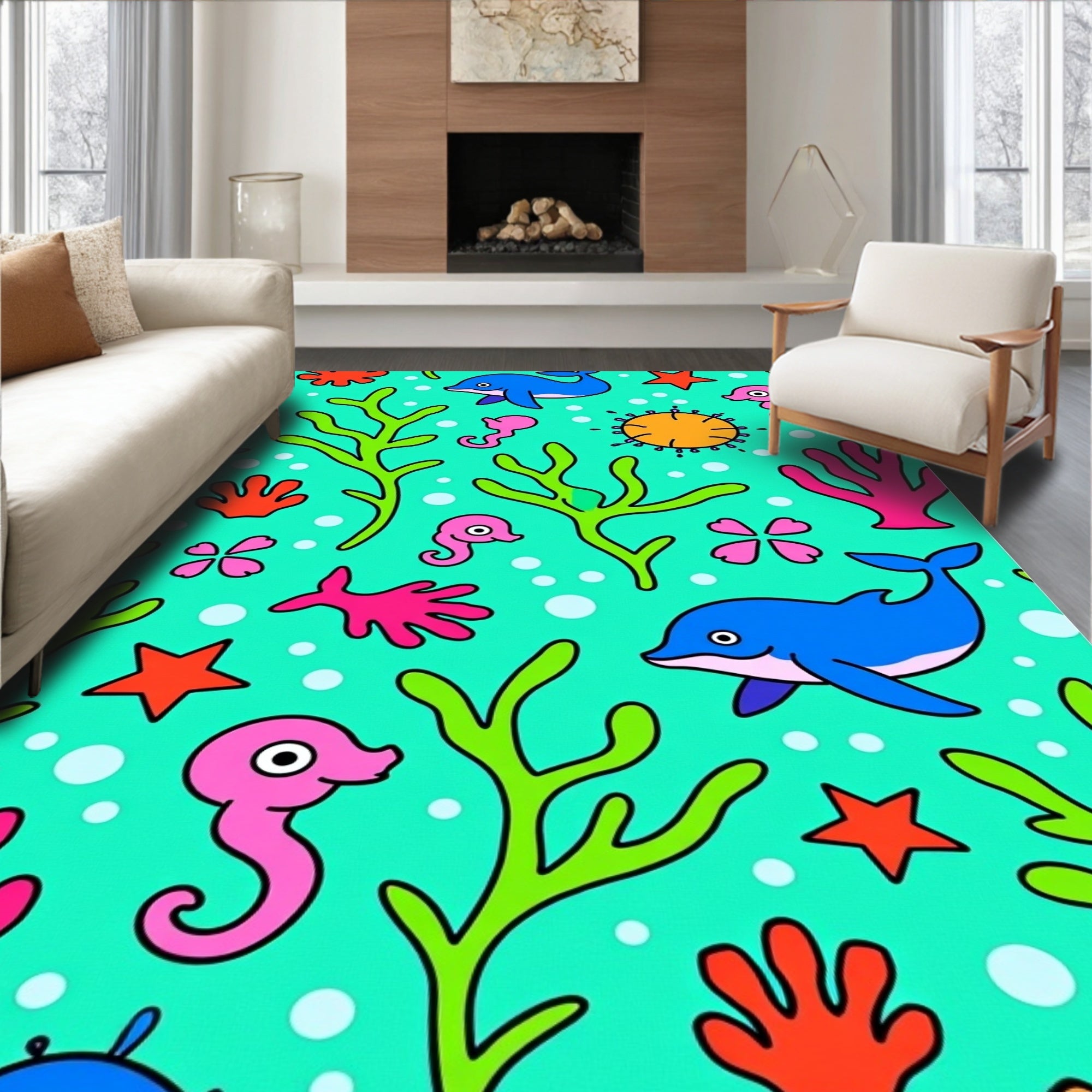 Aqua Sea Life Dolphin Seahorse Starfish Rug