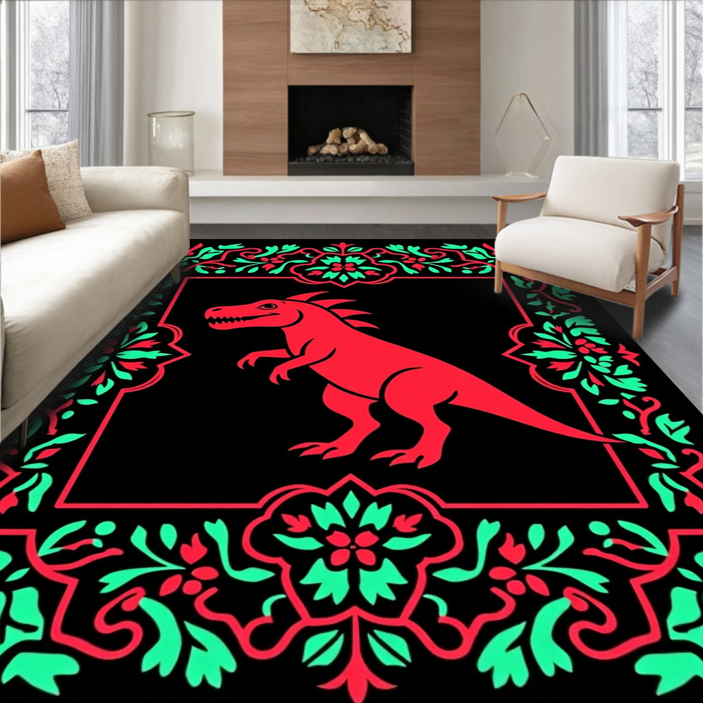 Red Dinosaur Floral Frame Rug