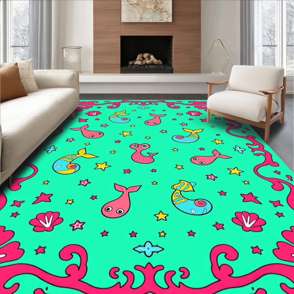 Whimsical Teal Fish Sea Creatures Rug