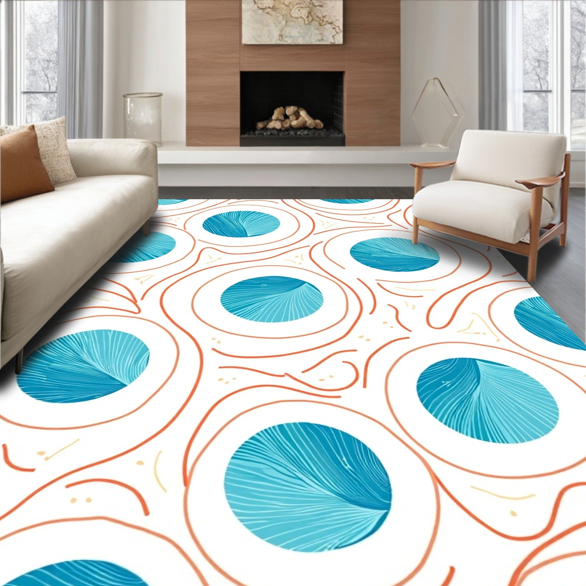 Coral Orange Swirl Blue Circles Rug