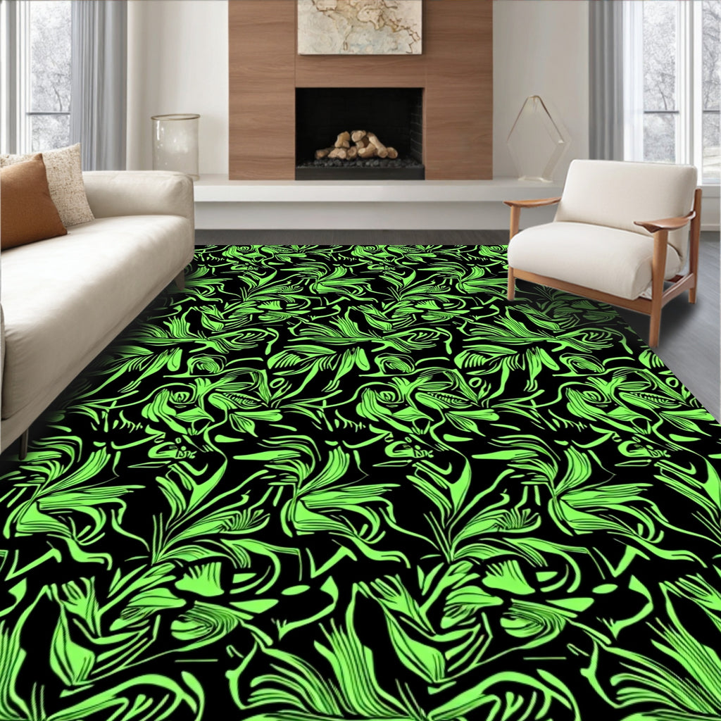 Neon Green Abstract Floral Swirl Rug