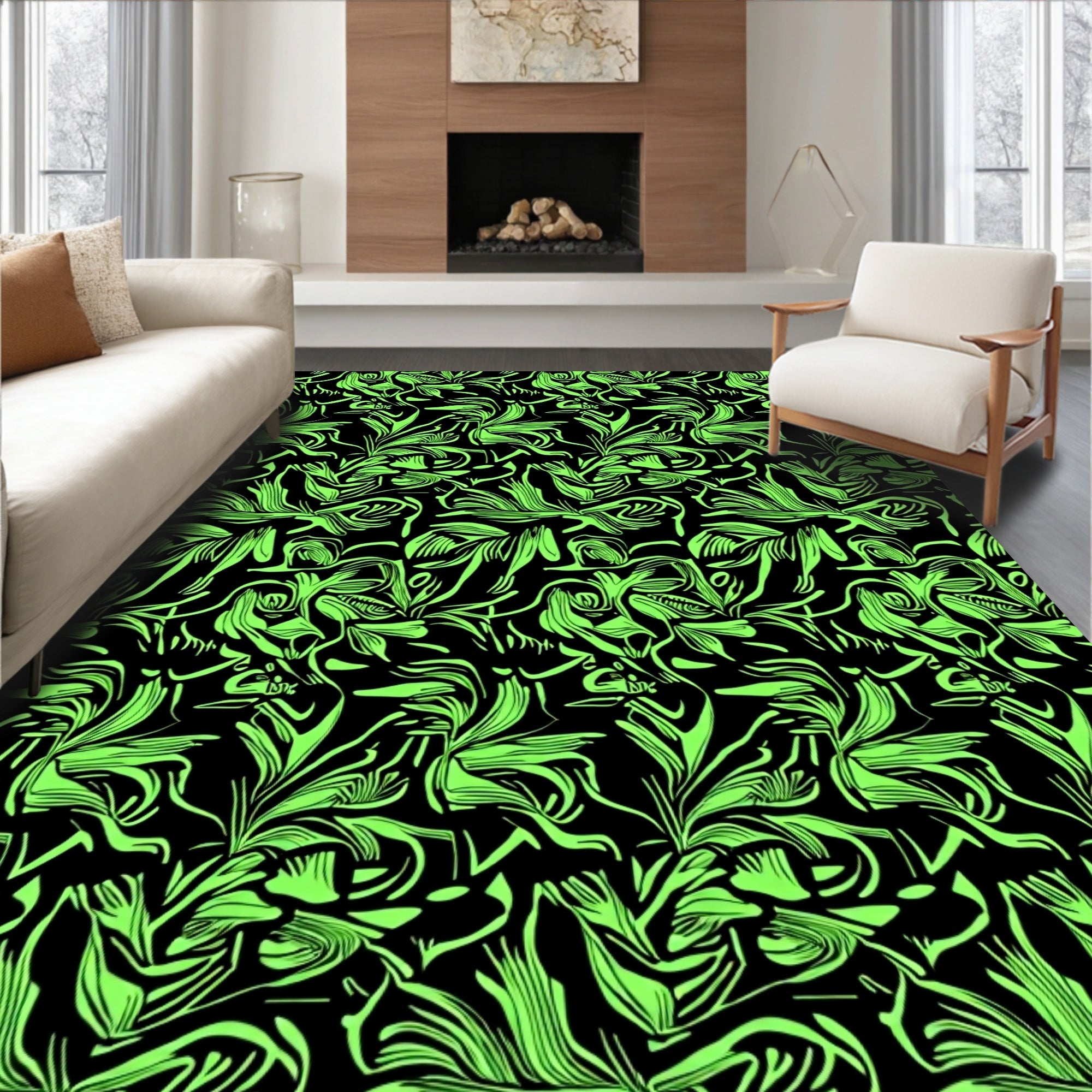 Neon Green Abstract Floral Swirl Rug