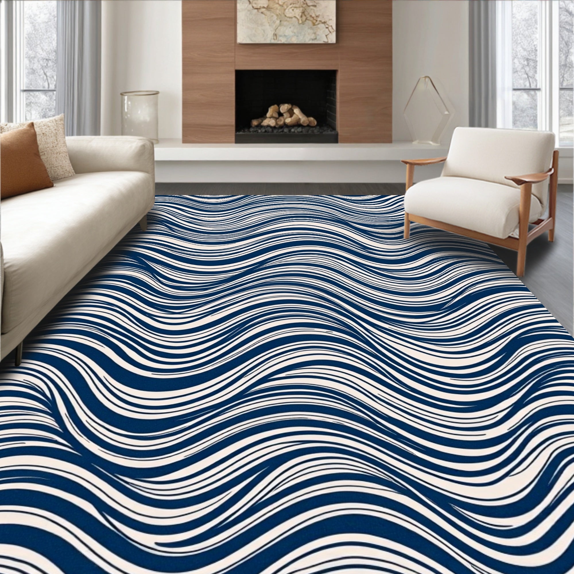 Deep Blue Wavy Stripe Accent Rug