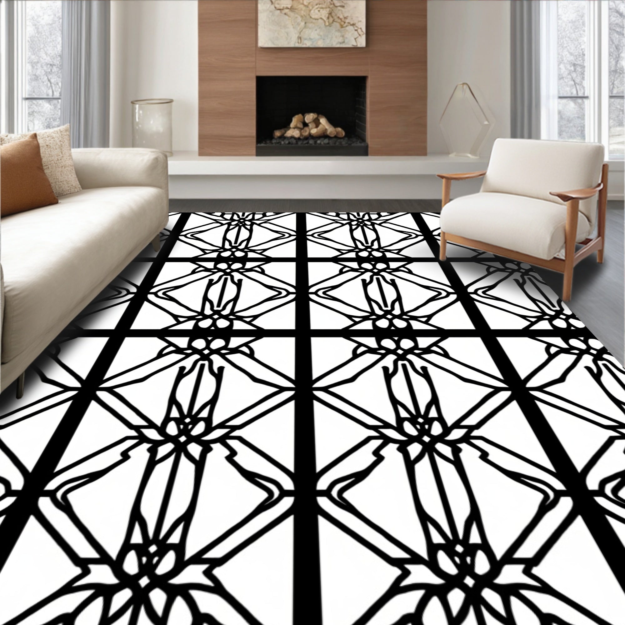 Black Geometric Art Deco Lattice Rug