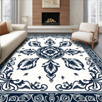 Navy Cream Floral Medallion Scroll Border Rug