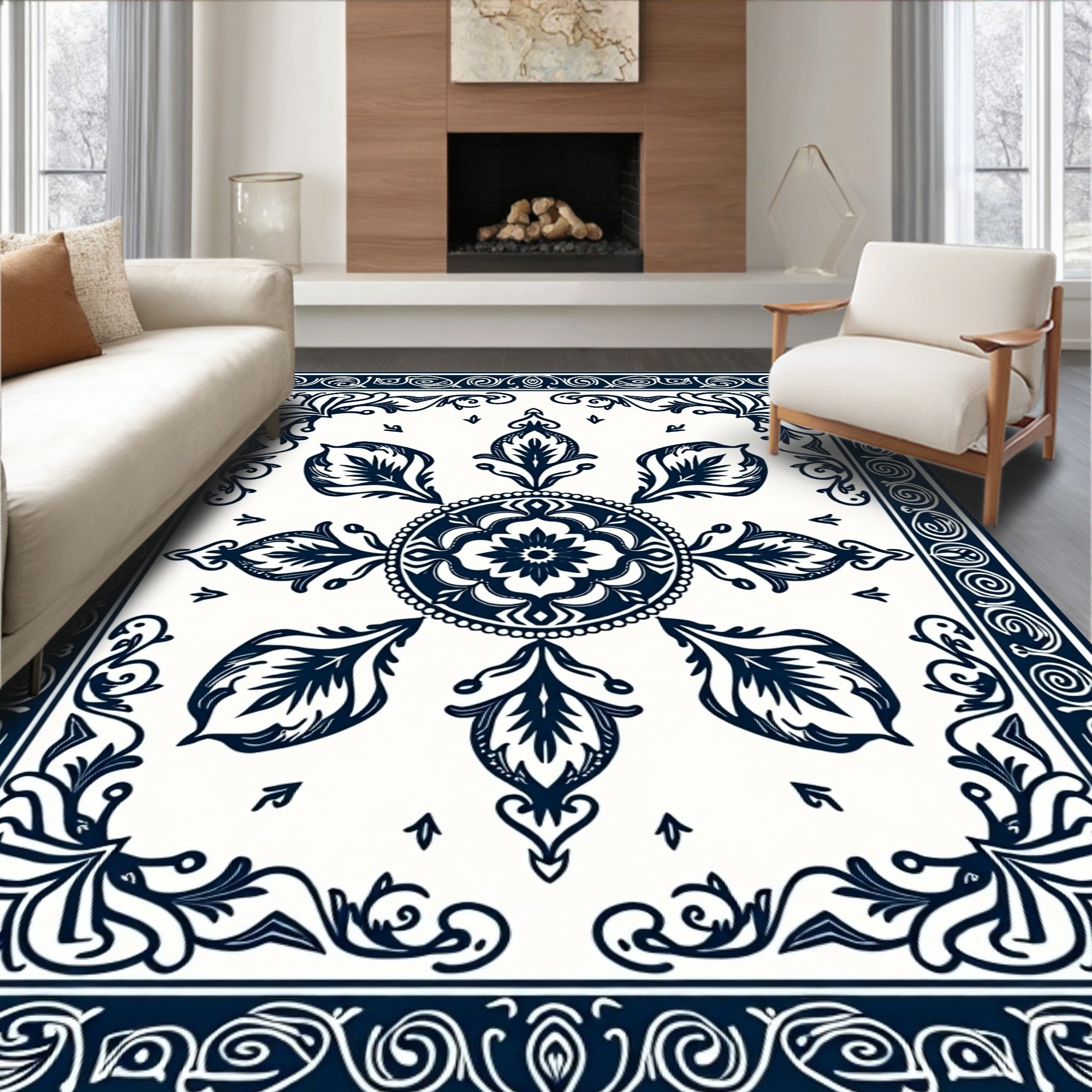 Navy Cream Floral Medallion Scroll Border Rug