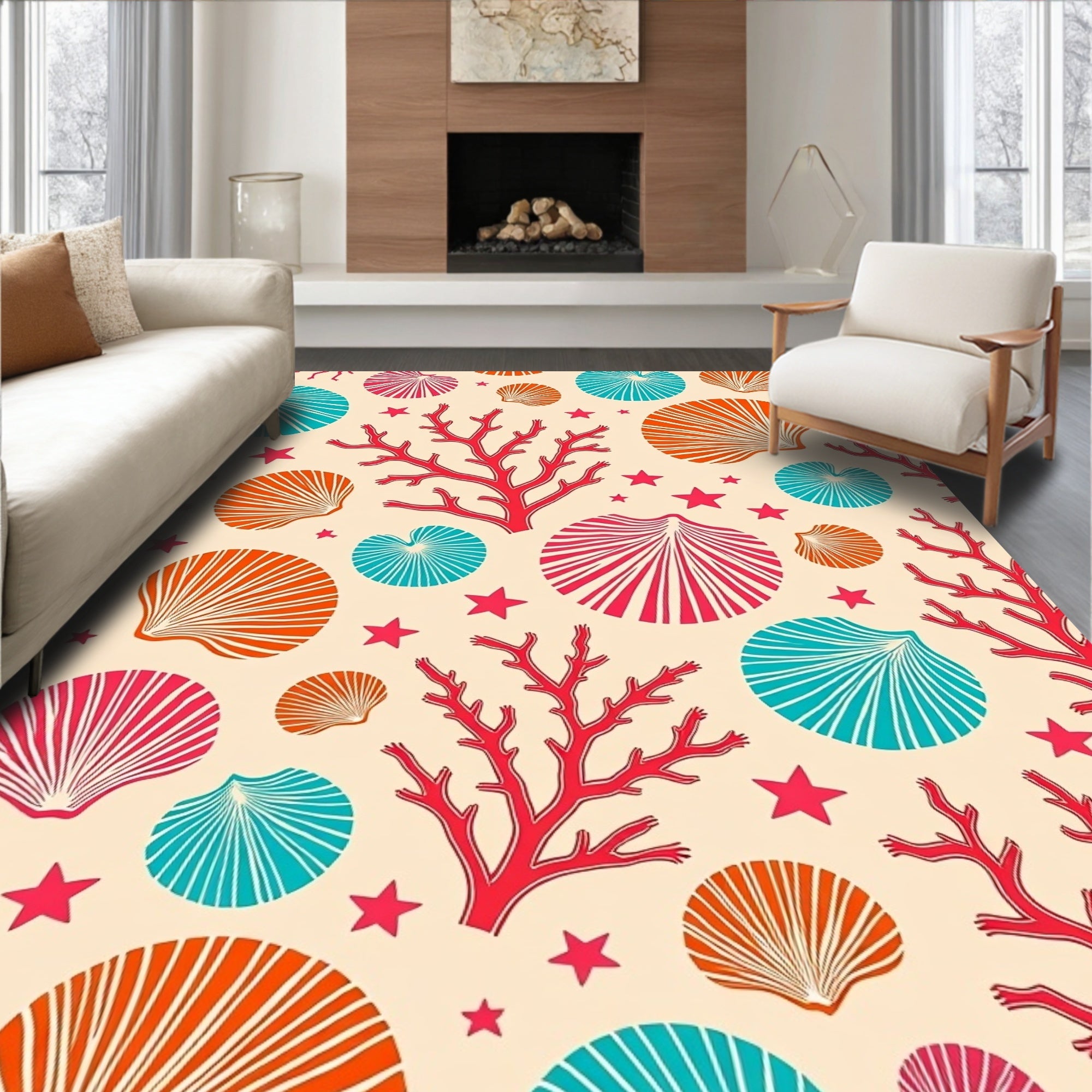 Coastal Coral Shell Star Medallion Rug