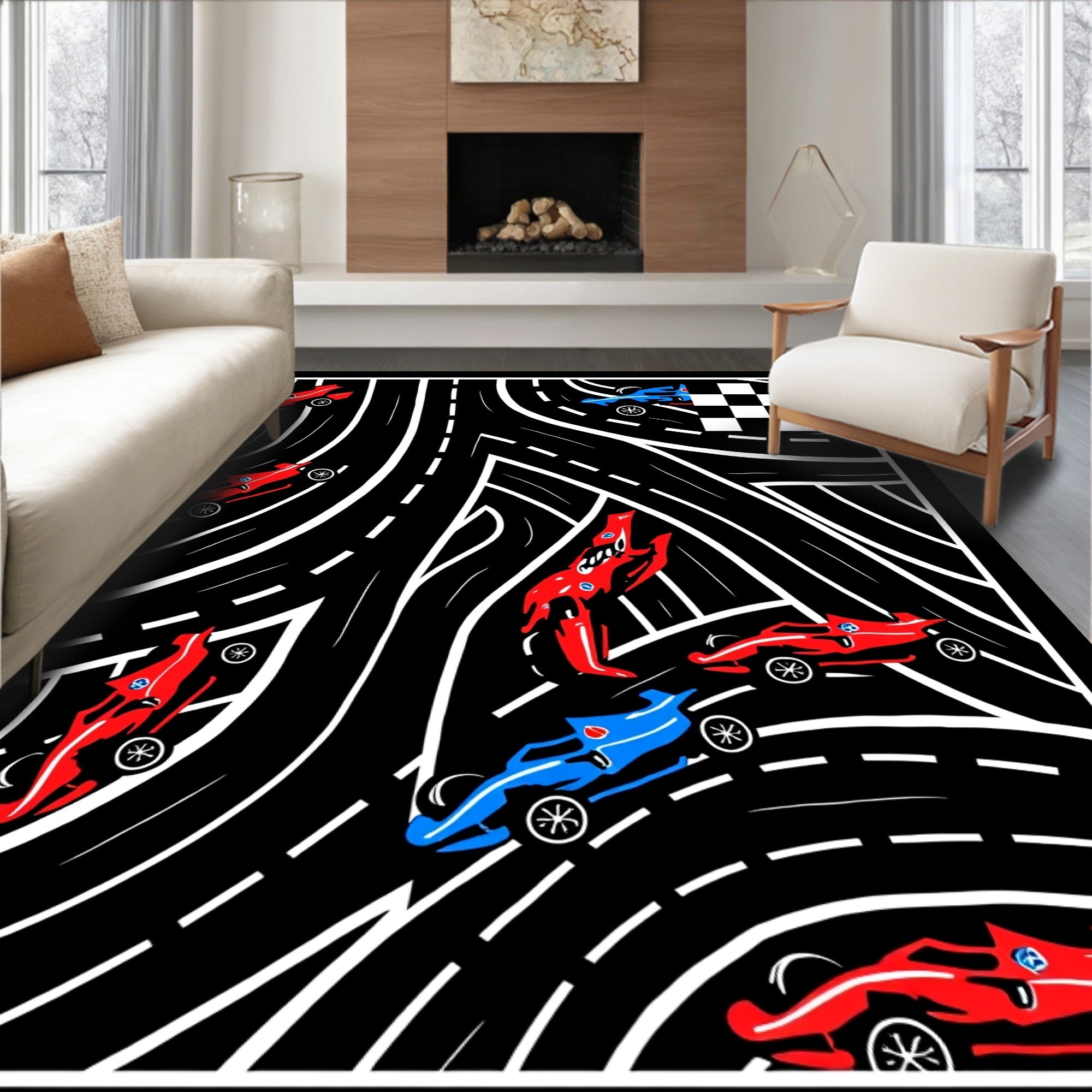 Red Blue Racing Cars Checkered Flag Rug