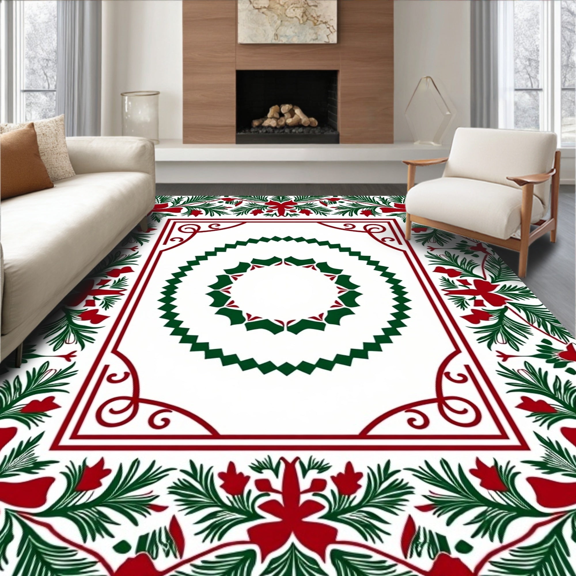 Crimson Green Holly Border Rug