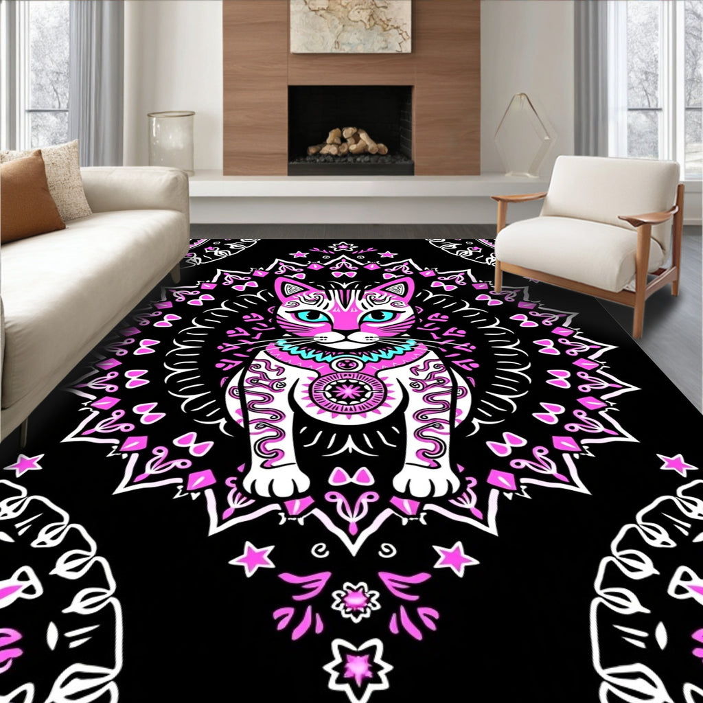 Pink Feline Mandala Art Rug