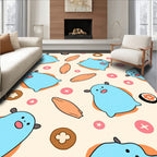 Cute Blue Characters with Food Scattered Rug