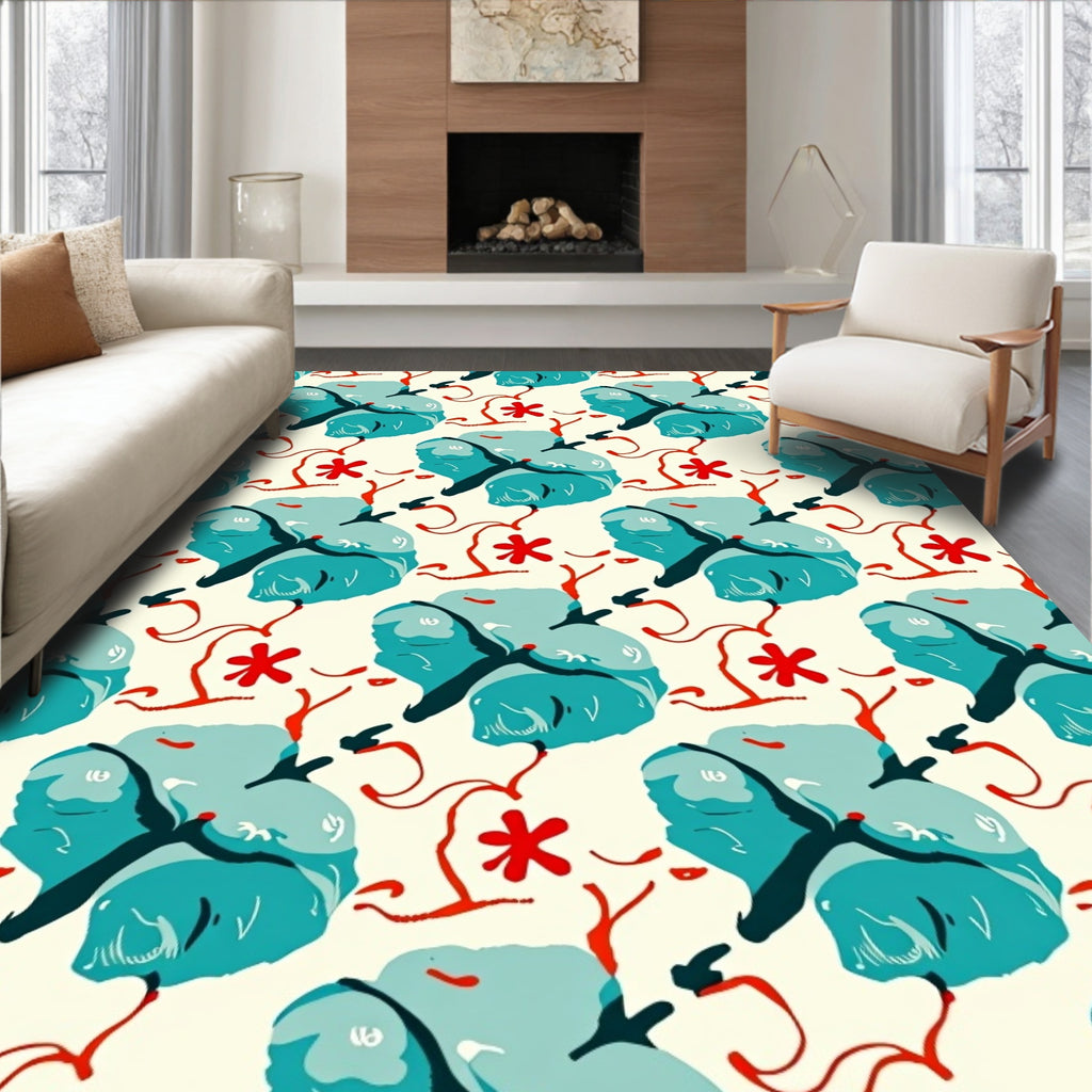 Teal Blobs Red Swirls Floral Rug
