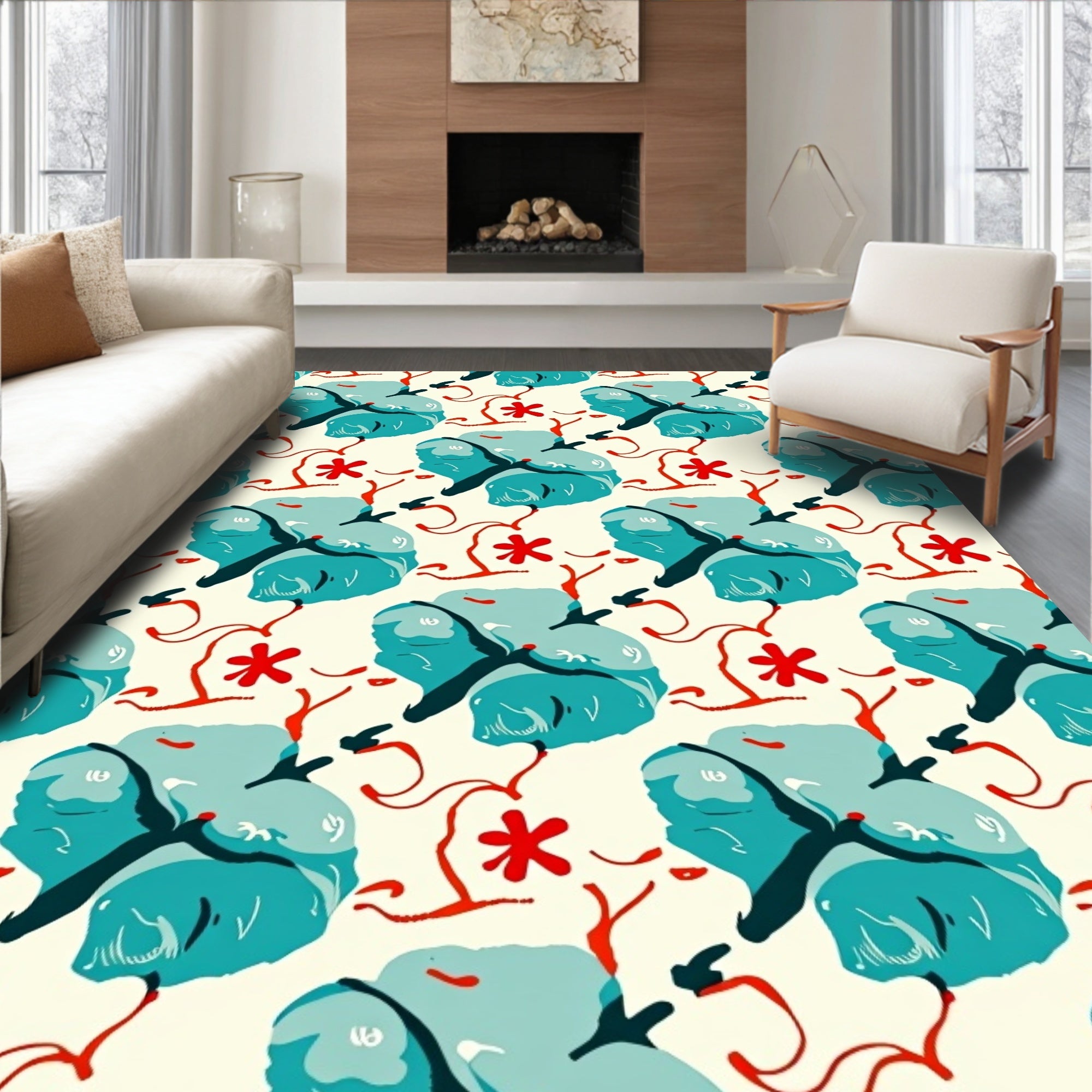Teal Blobs Red Swirls Floral Rug