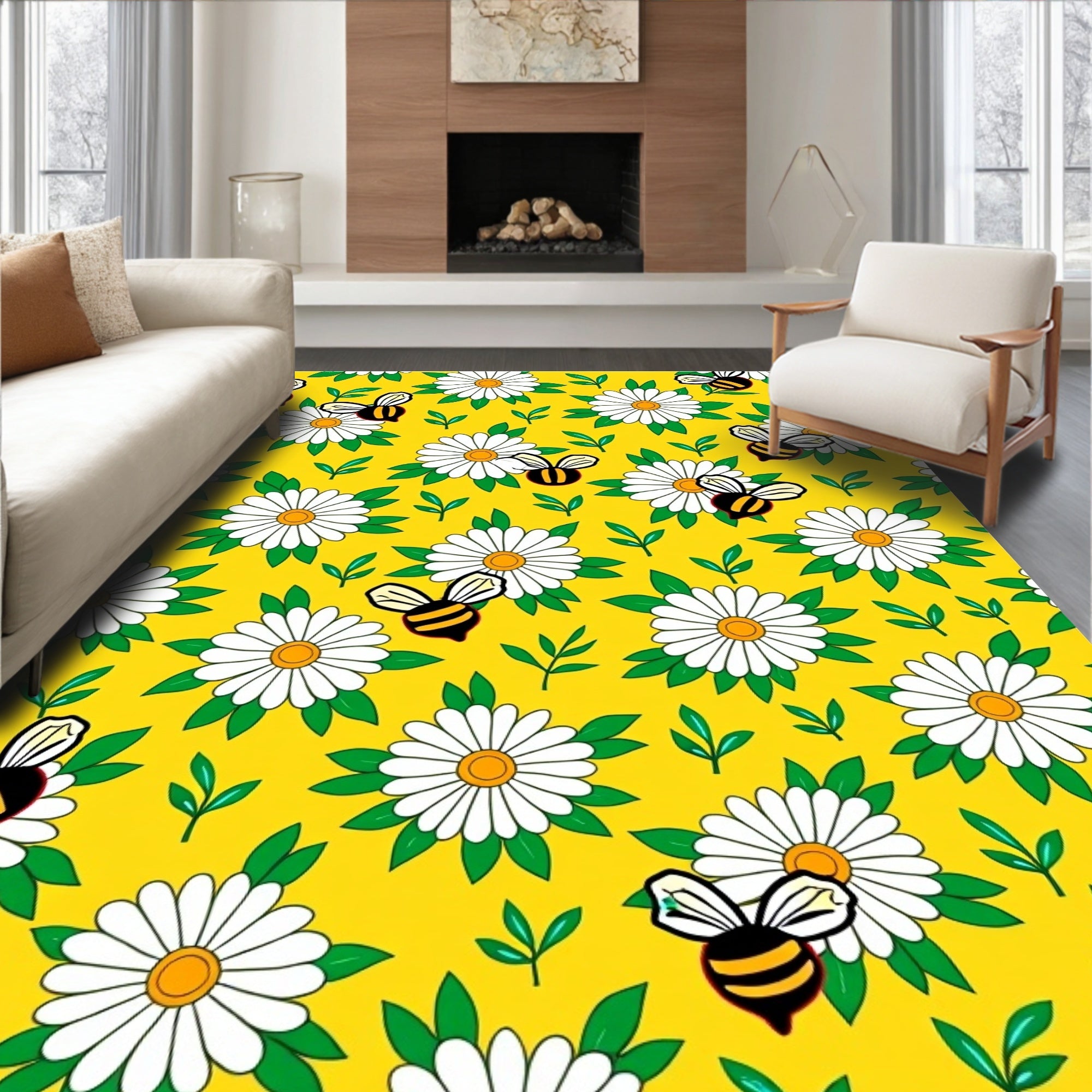 Yellow Daisy Bee Garden Whimsical Rug