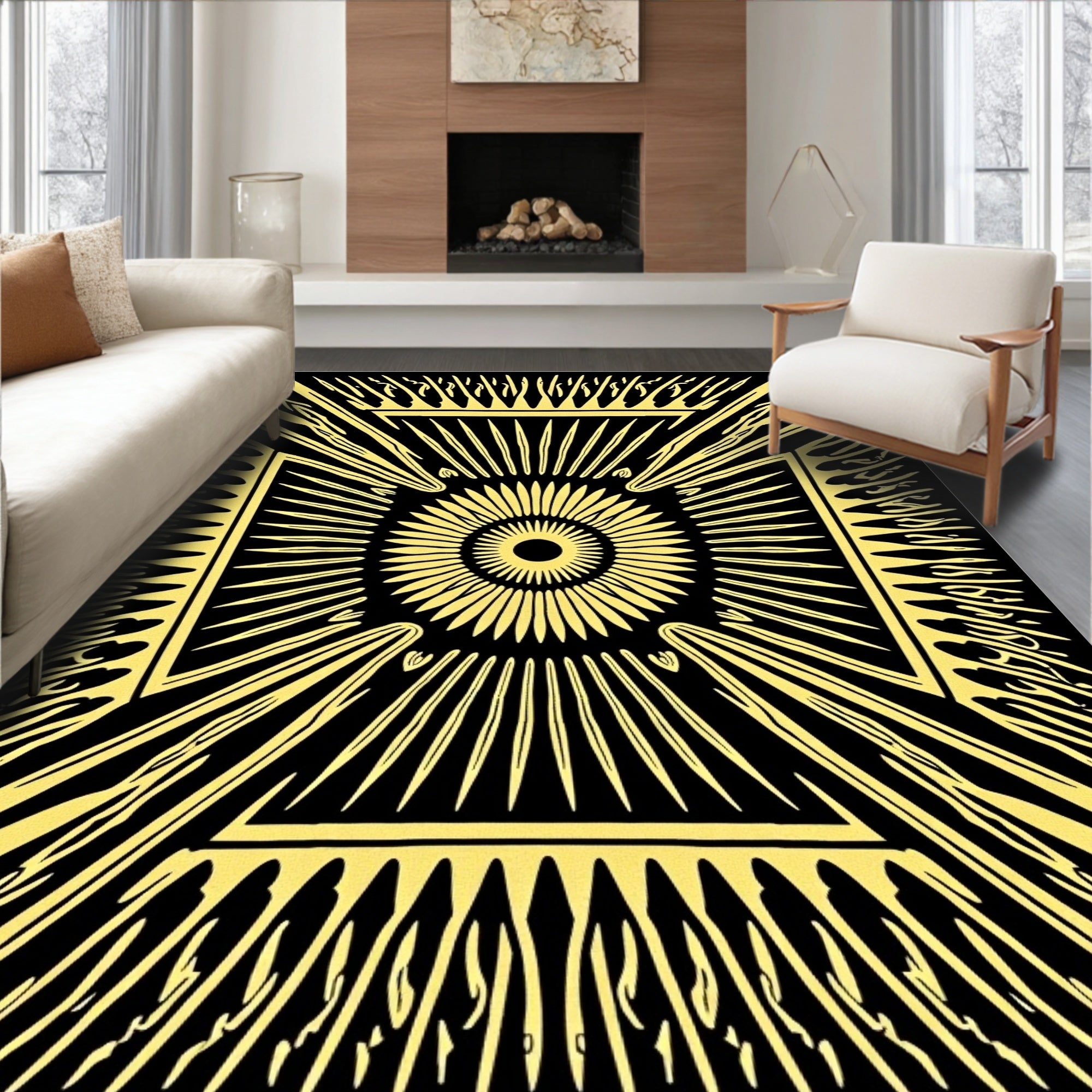 Golden Sunburst Concentric Geometric Rays Rug