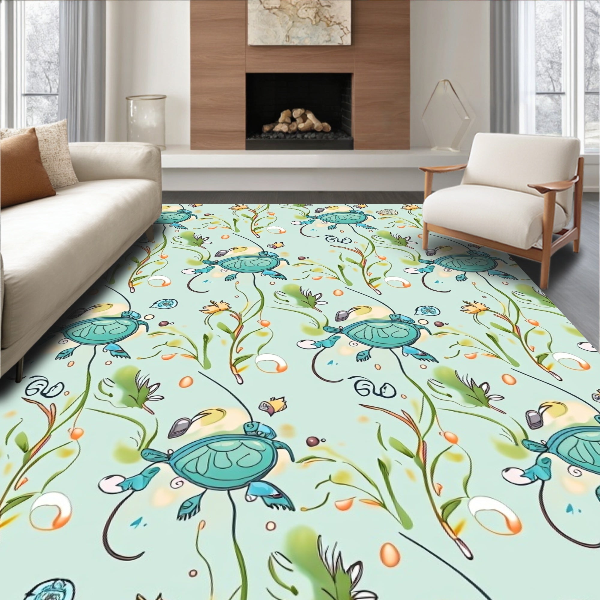 Whimsical Sea Turtle Aquatic Meadow Rug