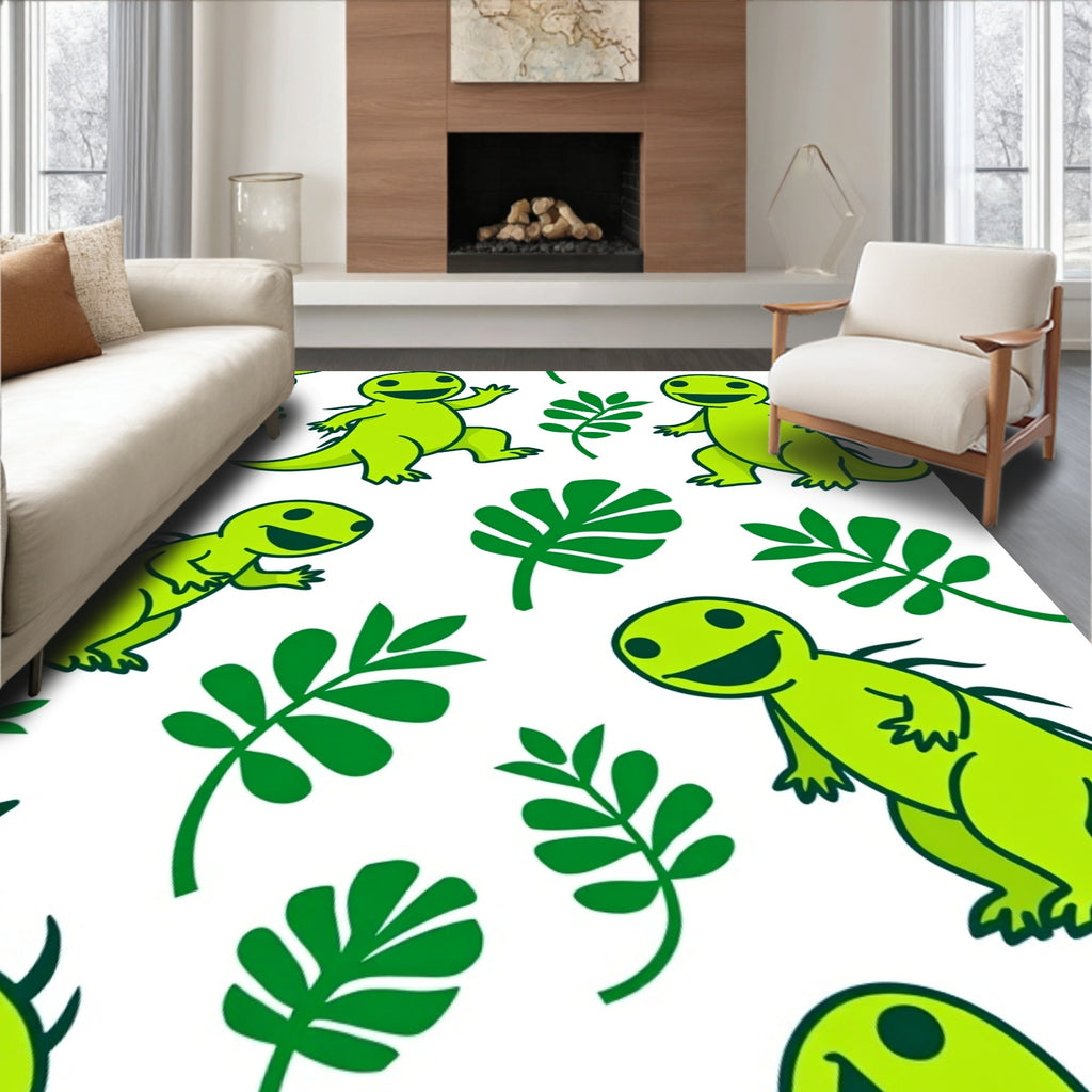 Happy Green Dinosaurs and Leaves Rug