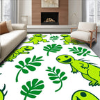 Happy Green Dinosaurs and Leaves Rug