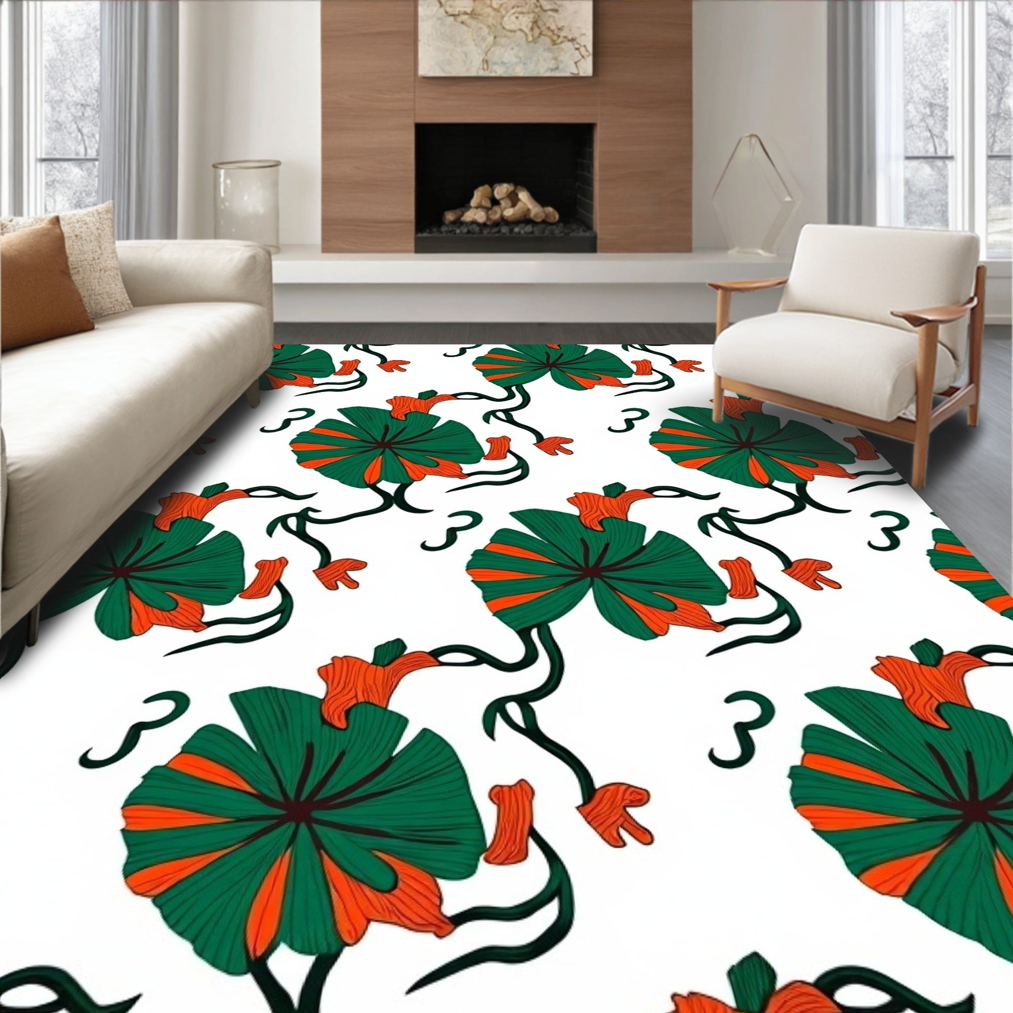 Vibrant Green Orange Floral Vine Rug