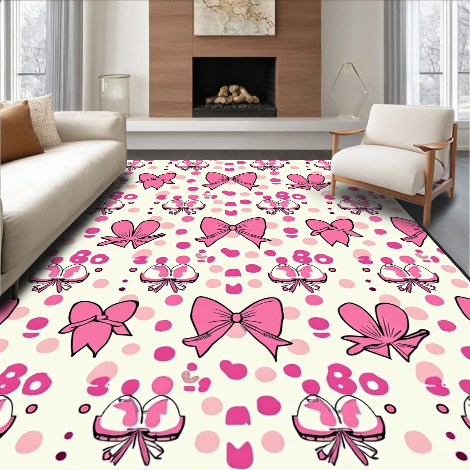 Pink Bow Polka Dots Whimsical Field Rug